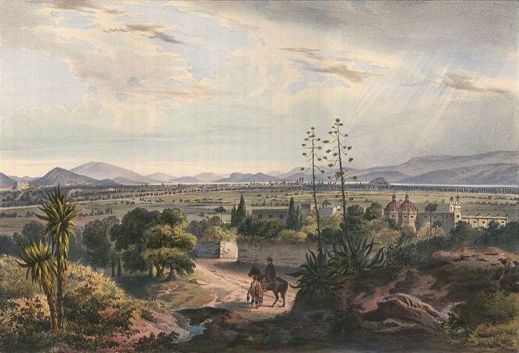 unknow artist Mexico, visto desde el Arsobisbado de Tacubaya. Mexico City seen from Tacubaya. Hand-colored lithograph highlighted with gum arabic